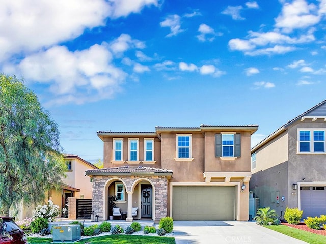 8967 Sunshine Valley Way, Corona, CA 92883 - mediterranean / spanish-style house with a tile roof, concrete driveway, covered porch, and stucco siding