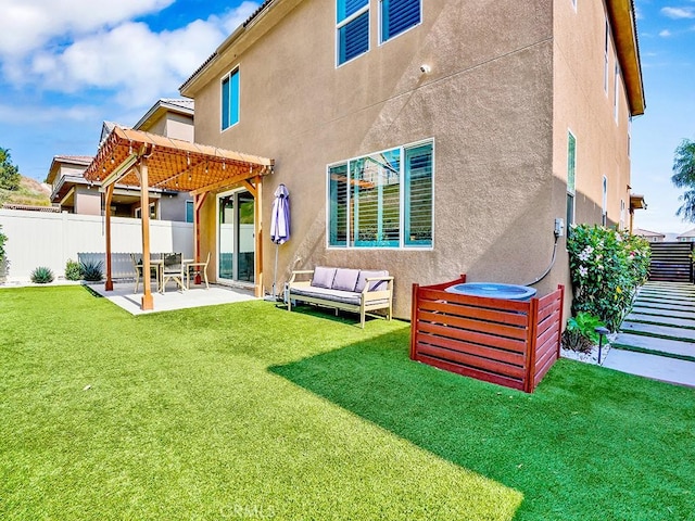 8967 Sunshine Valley Way, Corona, CA 92883 - back of house with a pergola, stucco siding, a patio, and an outdoor hangout area