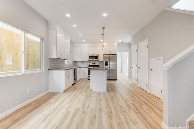 535 60th St, San Diego, CA 92114 - kitchen featuring appliances with stainless steel finishes, white cabinets, decorative backsplash, light wood-style flooring, and recessed lighting