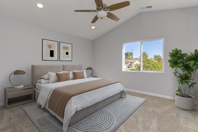 535 60th St, San Diego, CA 92114 - bedroom featuring carpet flooring, vaulted ceiling, baseboards, recessed lighting, and ceiling fan