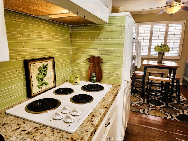 2772 E 2nd St Unit E2, Long Beach, CA 90803 - kitchen with dark wood-style flooring, stove, a ceiling fan, under cabinet range hood, and light stone countertops