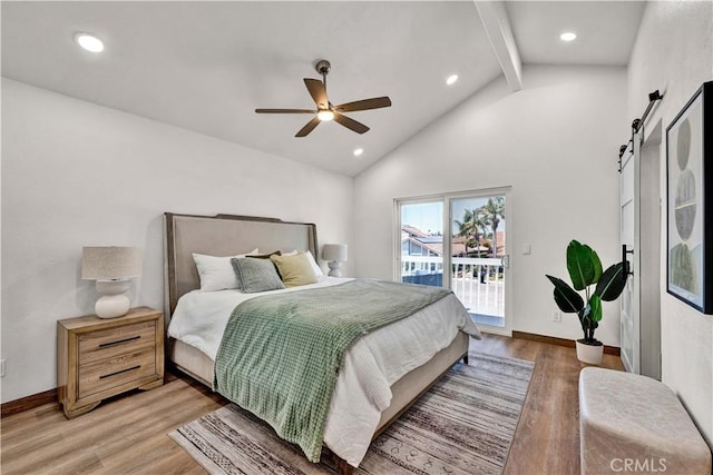 921 Dahlia Ave, Costa Mesa, CA 92626 - bedroom with a barn door, access to outside, beamed ceiling, light wood-style floors, and recessed lighting