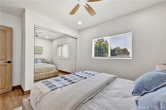 921 Dahlia Ave, Costa Mesa, CA 92626 - bedroom featuring wood finished floors, a closet, baseboards, a ceiling fan, and recessed lighting