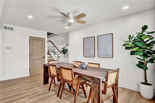 921 Dahlia Ave, Costa Mesa, CA 92626 - dining room featuring stairs, ceiling fan, light wood-style floors, baseboards, and recessed lighting