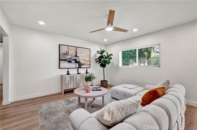 921 Dahlia Ave, Costa Mesa, CA 92626 - living room featuring ceiling fan, baseboards, light wood-type flooring, and recessed lighting