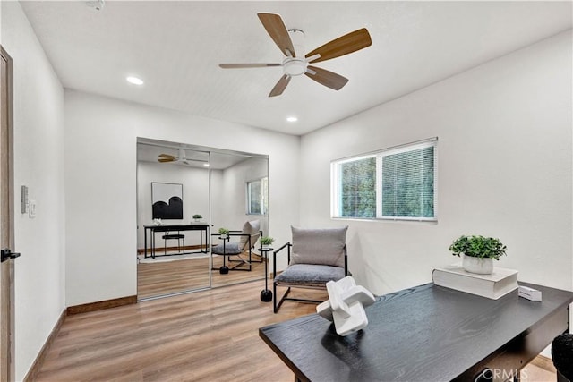 921 Dahlia Ave, Costa Mesa, CA 92626 - sitting room featuring an office area, a ceiling fan, light wood-type flooring, recessed lighting, and baseboards