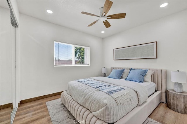 921 Dahlia Ave, Costa Mesa, CA 92626 - bedroom with wood finished floors, recessed lighting, baseboards, and ceiling fan