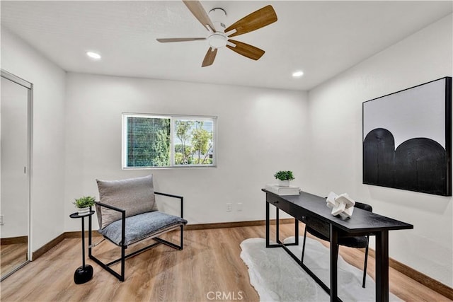 921 Dahlia Ave, Costa Mesa, CA 92626 - home office with light wood-style floors, a ceiling fan, baseboards, and recessed lighting