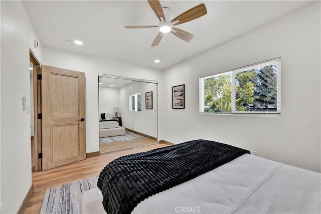 921 Dahlia Ave, Costa Mesa, CA 92626 - bedroom featuring light wood-type flooring, recessed lighting, a closet, a ceiling fan, and baseboards