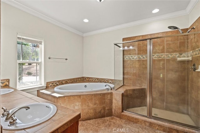 14690 Paynes Creek Rd, Red Bluff, CA 96080 - bathroom featuring a stall shower, a tub with jets, double vanity, tile patterned floors, and crown molding