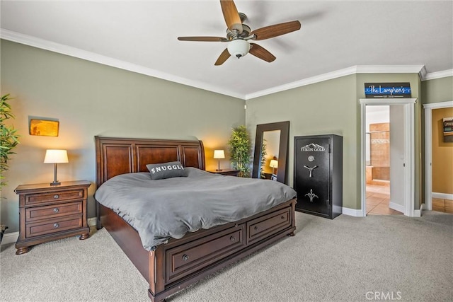 14690 Paynes Creek Rd, Red Bluff, CA 96080 - bedroom featuring light colored carpet, baseboards, crown molding, ceiling fan, and ensuite bath