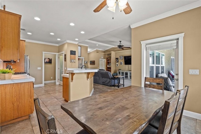 14690 Paynes Creek Rd, Red Bluff, CA 96080 - dining area with ceiling fan, crown molding, baseboards, light tile patterned floors, and recessed lighting