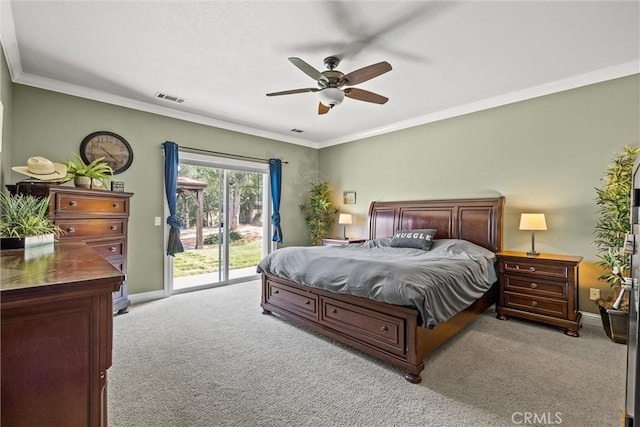14690 Paynes Creek Rd, Red Bluff, CA 96080 - bedroom with access to outside, carpet floors, ornamental molding, baseboards, and a ceiling fan