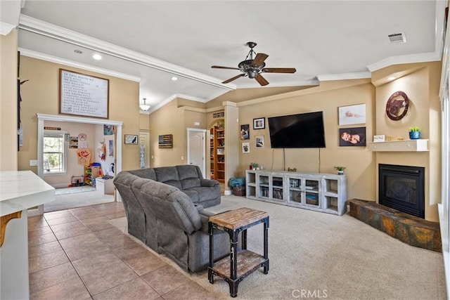 14690 Paynes Creek Rd, Red Bluff, CA 96080 - living area featuring crown molding, carpet, ceiling fan, a glass covered fireplace, and recessed lighting