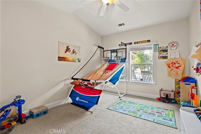 14690 Paynes Creek Rd, Red Bluff, CA 96080 - playroom featuring baseboards, carpet flooring, ceiling fan, and lofted ceiling