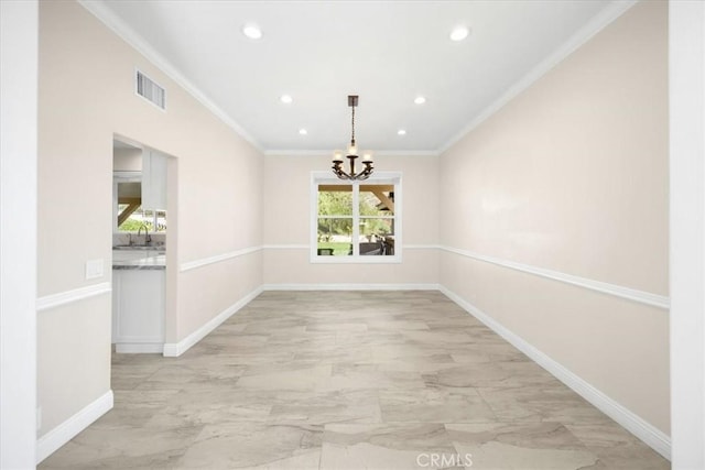 5420 Kodiak Mountain Dr, Yorba Linda, CA 92887 - unfurnished room featuring ornamental molding, light marble finish floors, a chandelier, recessed lighting, and baseboards