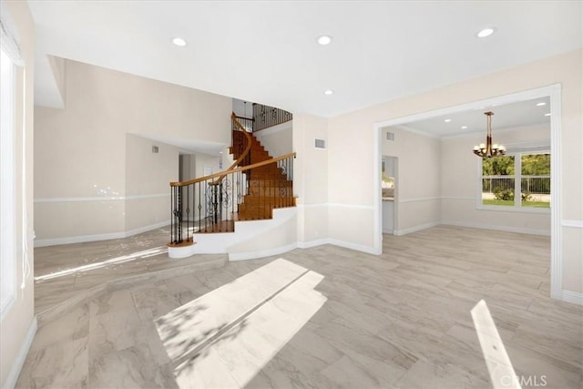 5420 Kodiak Mountain Dr, Yorba Linda, CA 92887 - unfurnished living room with a chandelier, marble look tile flooring, stairway, recessed lighting, and baseboards