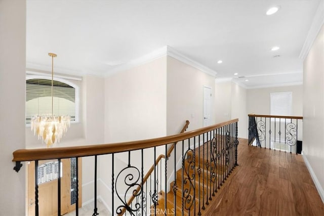 5420 Kodiak Mountain Dr, Yorba Linda, CA 92887 - corridor featuring a chandelier, an upstairs landing, wood finished floors, crown molding, and recessed lighting