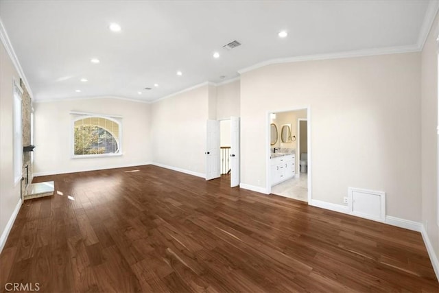 5420 Kodiak Mountain Dr, Yorba Linda, CA 92887 - unfurnished living room with vaulted ceiling, crown molding, dark wood finished floors, and recessed lighting