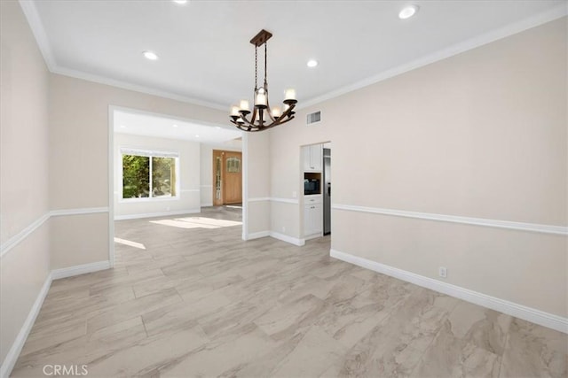5420 Kodiak Mountain Dr, Yorba Linda, CA 92887 - spare room with a chandelier, ornamental molding, recessed lighting, and light marble finish floors