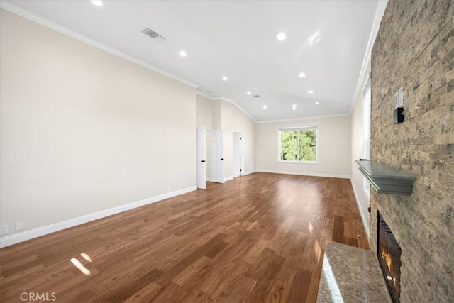 5420 Kodiak Mountain Dr, Yorba Linda, CA 92887 - unfurnished living room with crown molding, recessed lighting, wood finished floors, and lofted ceiling