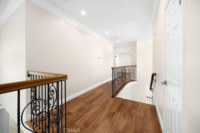 5420 Kodiak Mountain Dr, Yorba Linda, CA 92887 - hall featuring an upstairs landing, wood finished floors, crown molding, and recessed lighting