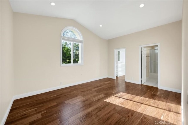 5420 Kodiak Mountain Dr, Yorba Linda, CA 92887 - unfurnished bedroom featuring lofted ceiling, wood finished floors, recessed lighting, and connected bathroom