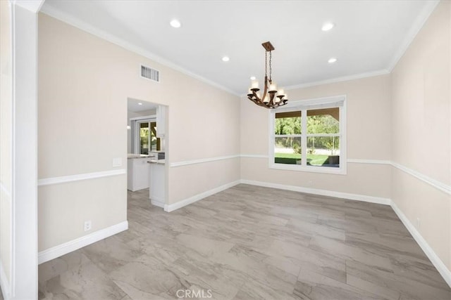5420 Kodiak Mountain Dr, Yorba Linda, CA 92887 - empty room with crown molding, plenty of natural light, a chandelier, recessed lighting, and light marble finish flooring