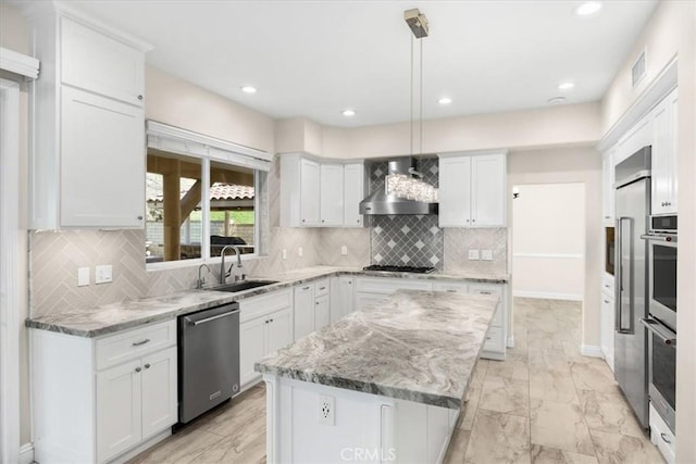 5420 Kodiak Mountain Dr, Yorba Linda, CA 92887 - kitchen with dishwasher, wall chimney range hood, a sink, cooktop, and a center island