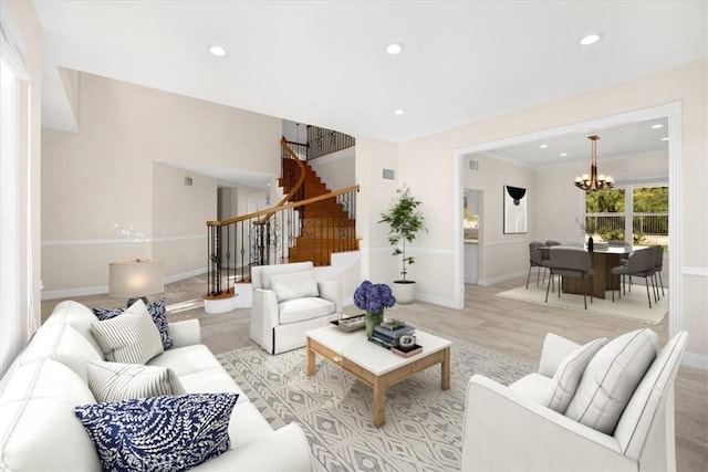 5420 Kodiak Mountain Dr, Yorba Linda, CA 92887 - living room featuring stairs, a chandelier, recessed lighting, and light wood-style floors