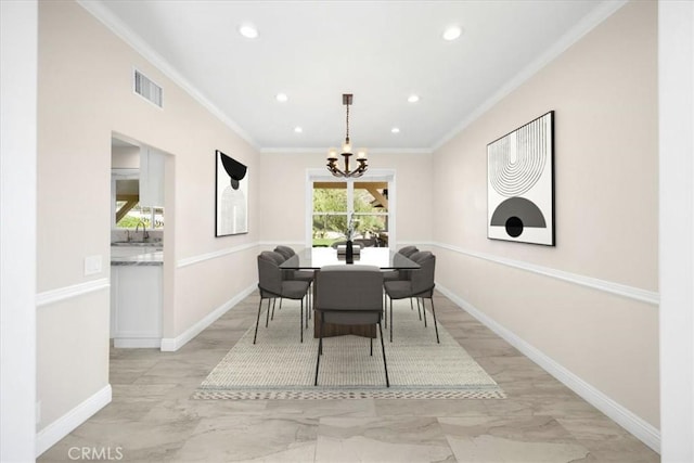 5420 Kodiak Mountain Dr, Yorba Linda, CA 92887 - dining area with recessed lighting, crown molding, a chandelier, and light marble finish flooring