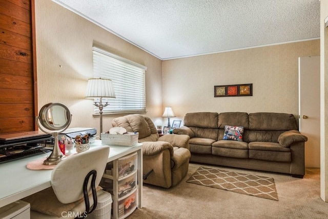4734 E Tanglewood Ave, Anaheim, CA 92807 - carpeted living room featuring ornamental molding and a textured ceiling