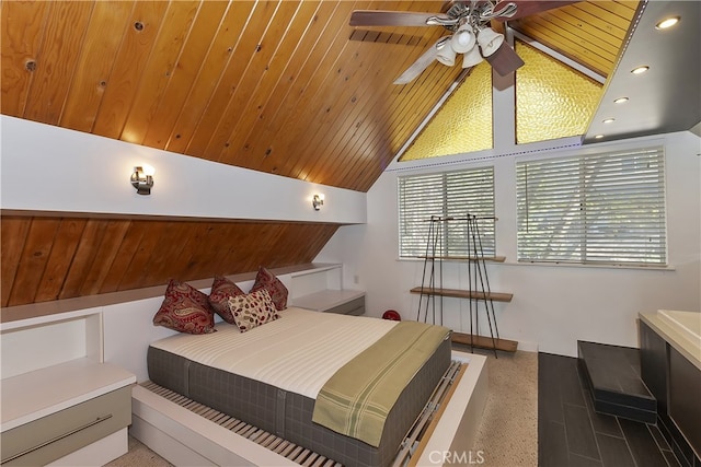 27476 School Rd, Lake Arrowhead, CA 92326 - bedroom with baseboards, lofted ceiling, recessed lighting, and speckle patterned floor