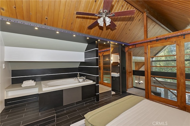 27476 School Rd, Lake Arrowhead, CA 92326 - unfurnished bedroom featuring vaulted ceiling, wood walls, tile patterned floors, and wood ceiling