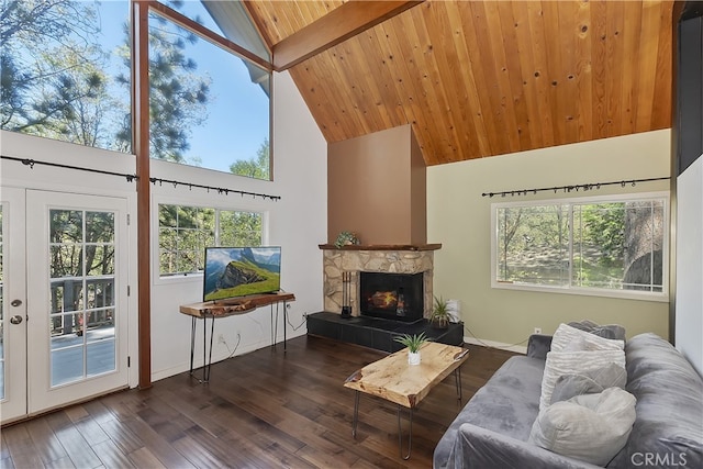 27476 School Rd, Lake Arrowhead, CA 92326 - living area featuring high vaulted ceiling, wood finished floors, a fireplace, healthy amount of natural light, and wooden ceiling with exposed beams
