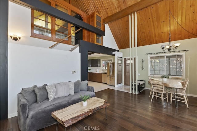 27476 School Rd, Lake Arrowhead, CA 92326 - living room featuring high vaulted ceiling, a chandelier, wood finished floors, baseboards, and wooden ceiling with exposed beams