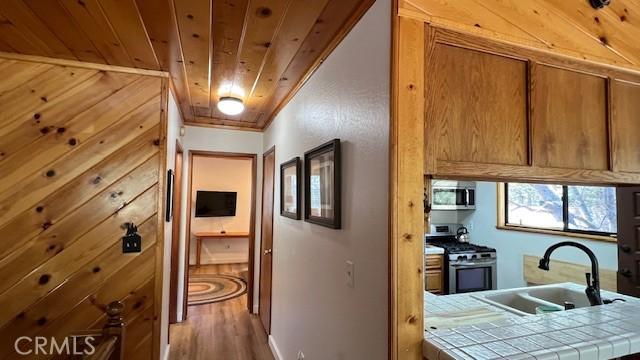 33477 Fern Dr, Green Valley Lake, CA 92341 - hallway featuring a sink, wood finished floors, wood ceiling, and baseboards