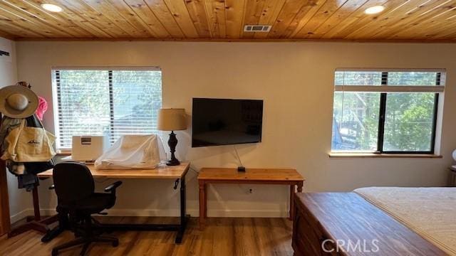 33477 Fern Dr, Green Valley Lake, CA 92341 - bedroom with ornamental molding, recessed lighting, wood finished floors, an office area, and wooden ceiling