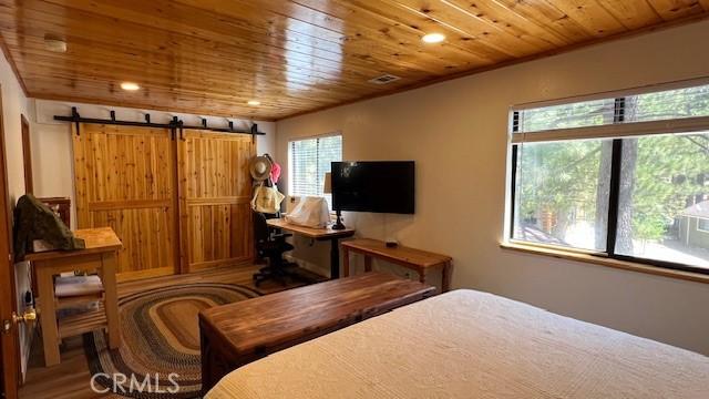 33477 Fern Dr, Green Valley Lake, CA 92341 - bedroom featuring wooden ceiling and wood finished floors