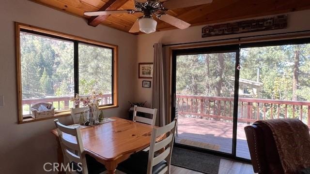 33477 Fern Dr, Green Valley Lake, CA 92341 - dining area with ceiling fan, wooden ceiling with exposed beams, and wood finished floors