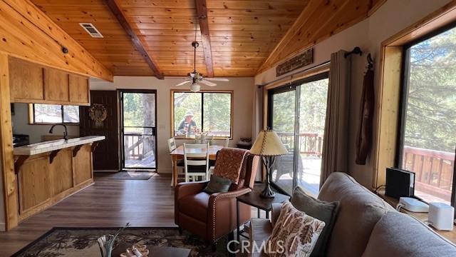 33477 Fern Dr, Green Valley Lake, CA 92341 - living room with dark wood-style flooring, wood ceiling, and a ceiling fan