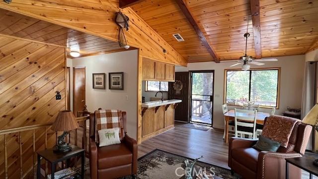 33477 Fern Dr, Green Valley Lake, CA 92341 - living area with wooden ceiling, dark wood finished floors, and ceiling fan