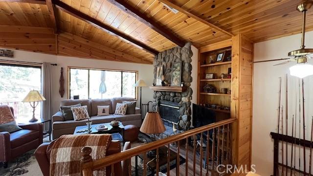 33477 Fern Dr, Green Valley Lake, CA 92341 - living area featuring wood ceiling, a fireplace, ceiling fan, and built in shelves