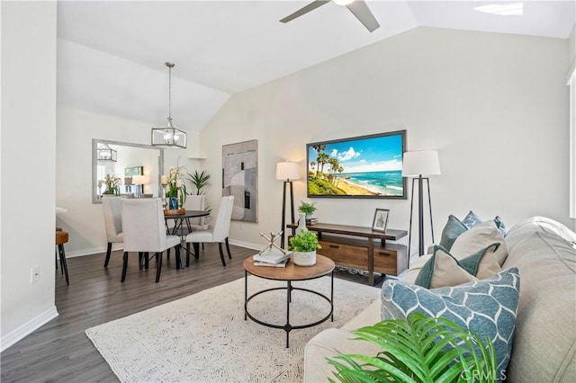 28241 Sorrento Unit 124, Laguna Niguel, CA 92677 - living area featuring vaulted ceiling, wood finished floors, a ceiling fan, and baseboards