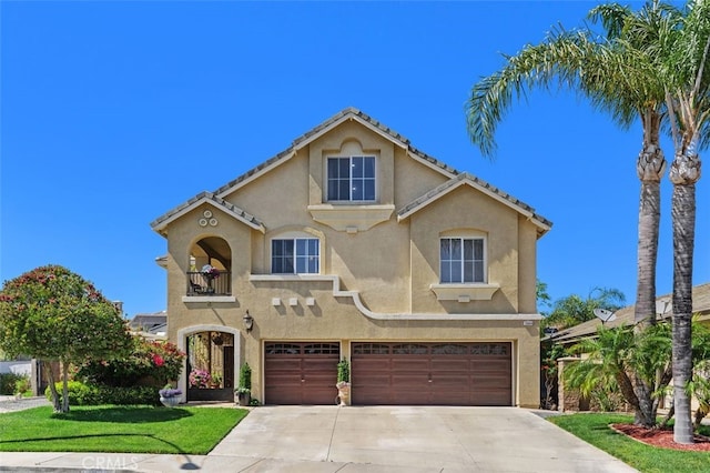 29944 Peach Tree Ct, Murrieta, CA 92563 - mediterranean / spanish-style house with stucco siding, an attached garage, concrete driveway, a front yard, and a balcony