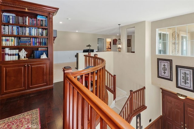 29944 Peach Tree Ct, Murrieta, CA 92563 - hallway with an upstairs landing and dark wood finished floors
