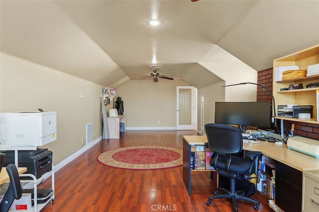 29944 Peach Tree Ct, Murrieta, CA 92563 - office area featuring a ceiling fan, wood finished floors, vaulted ceiling, and baseboards