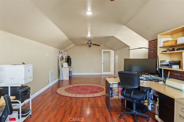 29944 Peach Tree Ct, Murrieta, CA 92563 - home office with a ceiling fan, wood finished floors, lofted ceiling, and baseboards