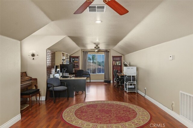 29944 Peach Tree Ct, Murrieta, CA 92563 - office area with a ceiling fan, wood finished floors, lofted ceiling, and baseboards