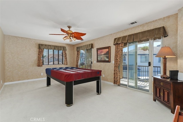 29944 Peach Tree Ct, Murrieta, CA 92563 - recreation room featuring billiards, plenty of natural light, light carpet, baseboards, and wallpapered walls